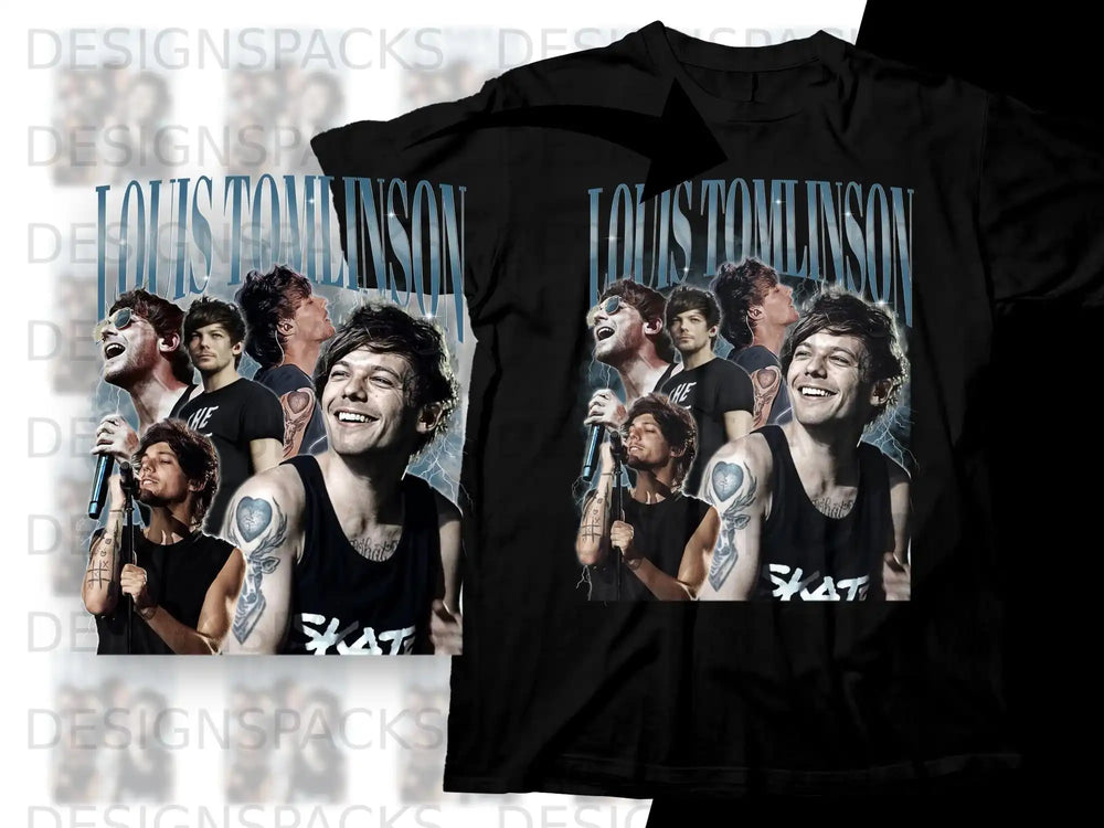 Black t-shirt with a collage of Louis Tomlinson photos and "LOUIS TOMLINSON" text.