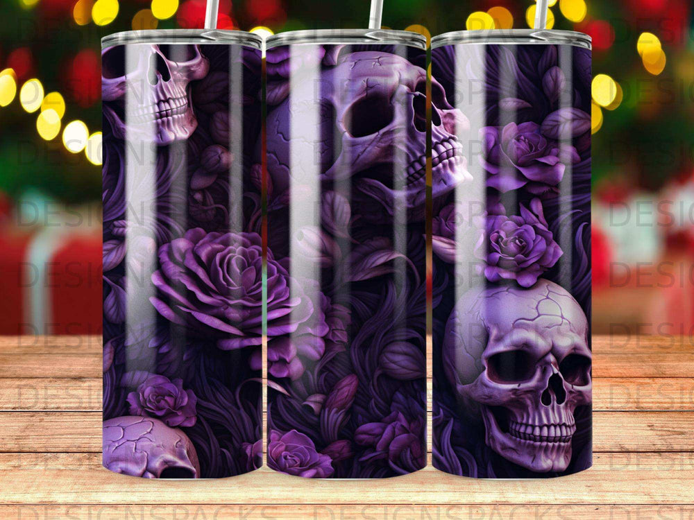 Purple floral skull tumbler with gothic roses design.