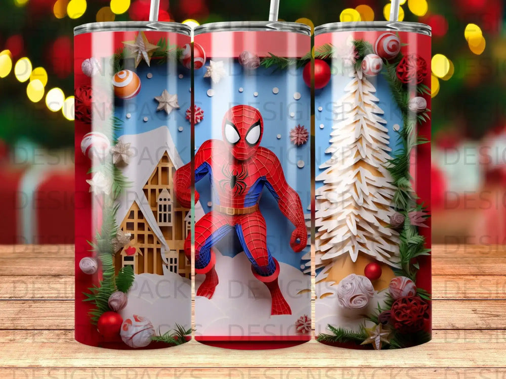 Spiderman Christmas tumbler with festive decorations and snowy village scene.