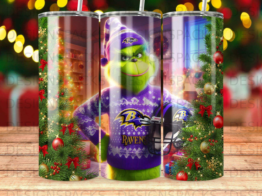 Baltimore Ravens Grinch tumbler with Christmas decorations.