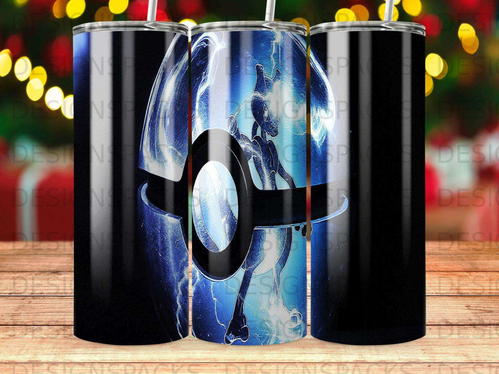 Black tumbler with a glowing blue orb and silhouetted figures.