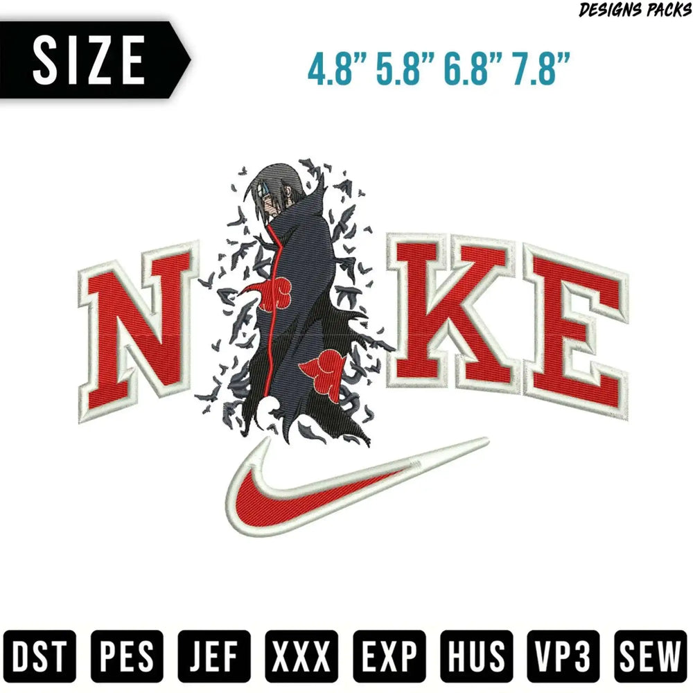 Nike logo with Itachi Uchiha in a black cloak, available in multiple sizes.