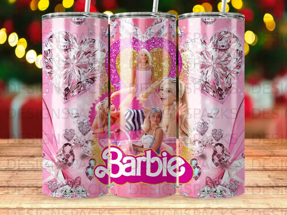 Barbie in pink with diamond heart, sparkling and glittery tumbler design.