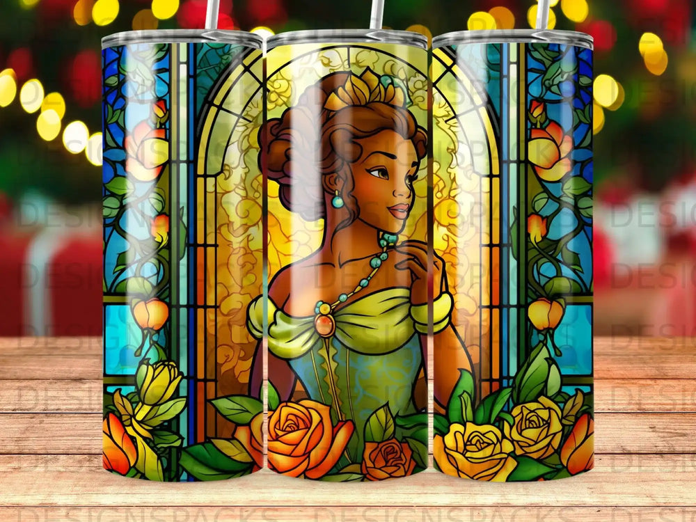 Stained glass design featuring a woman with brown hair and a golden crown, surrounded by roses.