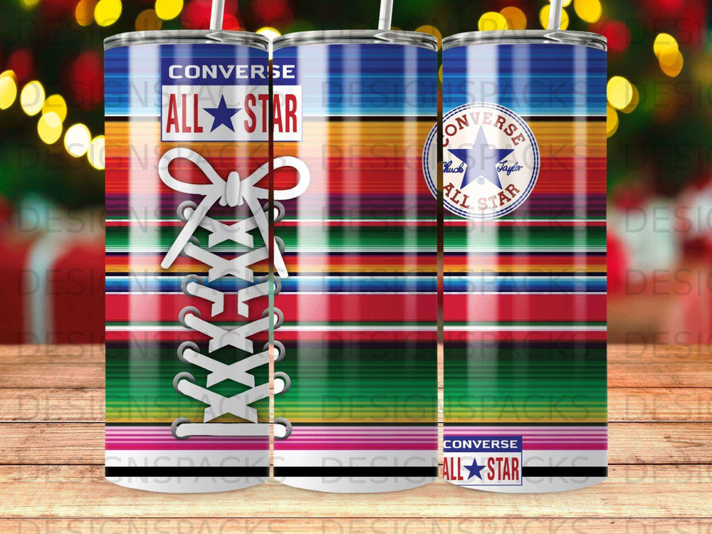 Converse All Star tumbler with multicolor stripe and shoelace design.