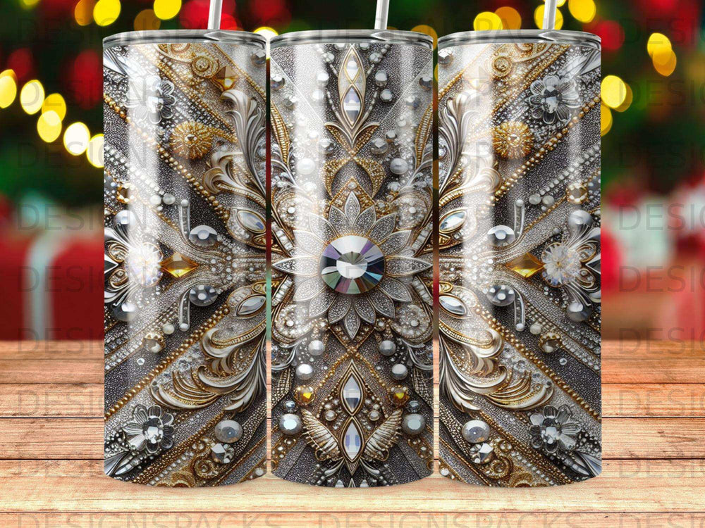 Triptych of ornate tumblers with floral and jeweled embellishments.