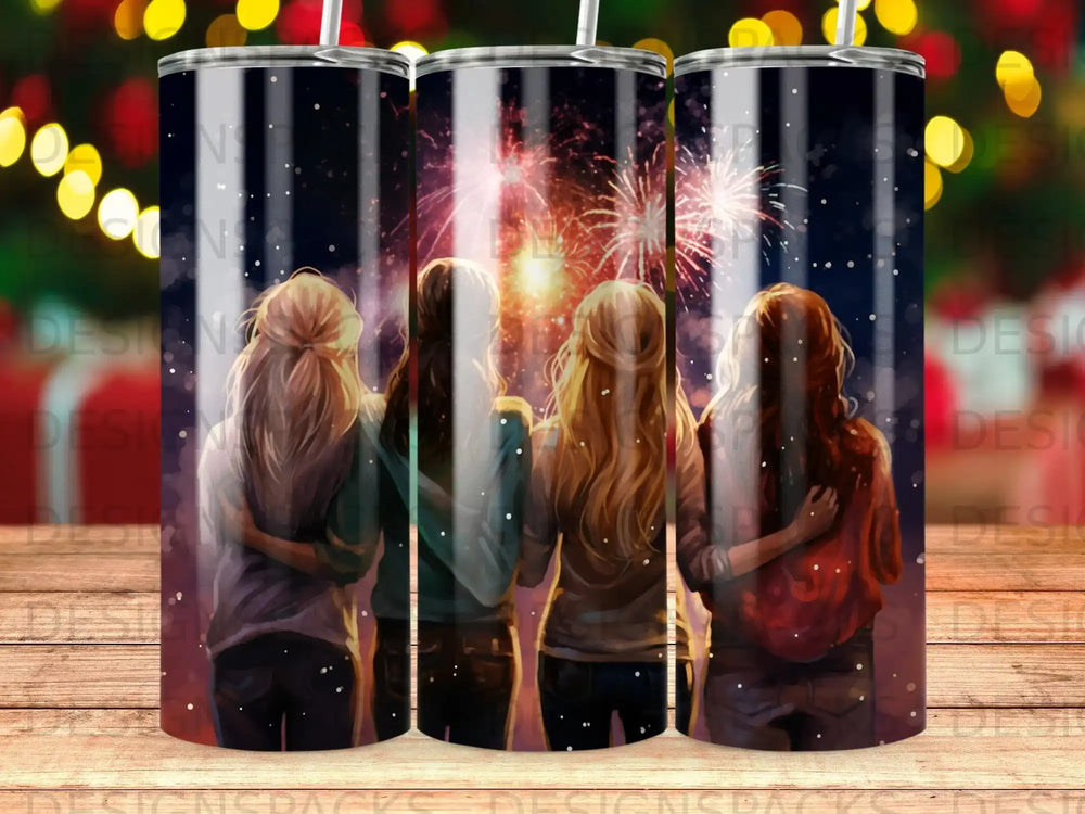 Four friends watch fireworks light up the night sky.