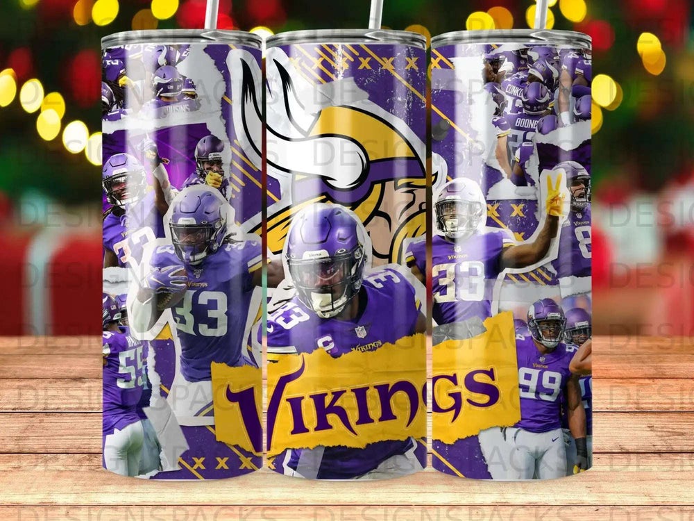 Minnesota Vikings players and logo on purple and gold tumblers.