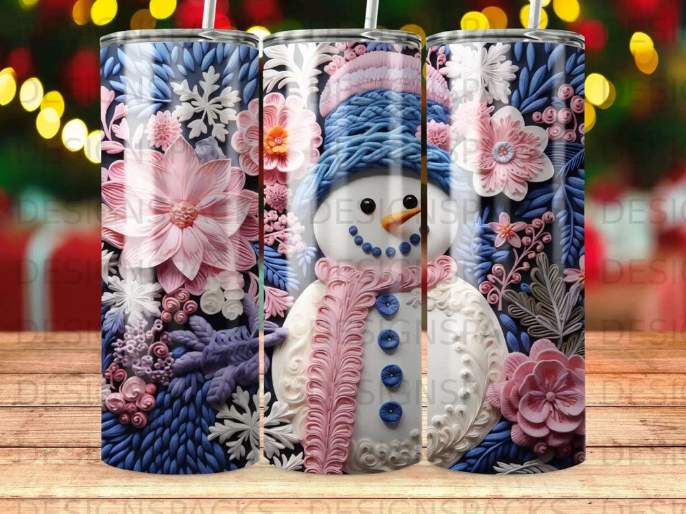 Snowman with pink and blue floral accents and snowflakes on a blue background.