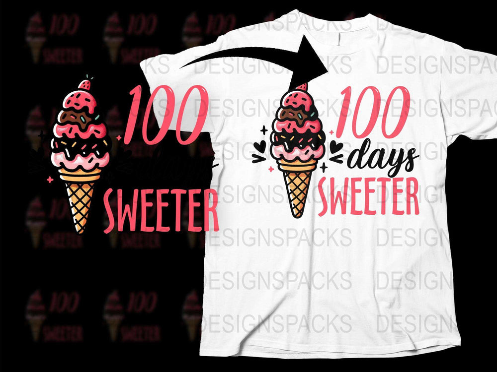 100 Days Sweeter T-Shirt, Cute Ice Cream Cone Graphic Tee, Fun Celebration Shirt for Kids and Teachers
