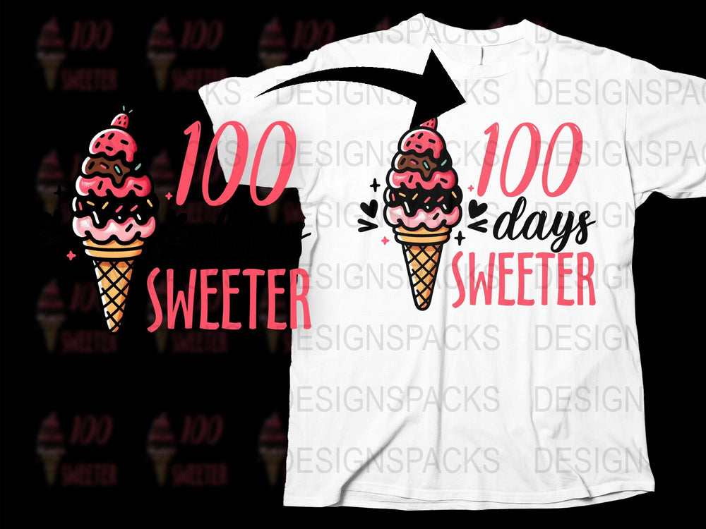 100 Days Sweeter T-Shirt, Cute Ice Cream Cone Graphic Tee, Fun Celebration Shirt for Kids and Teachers
