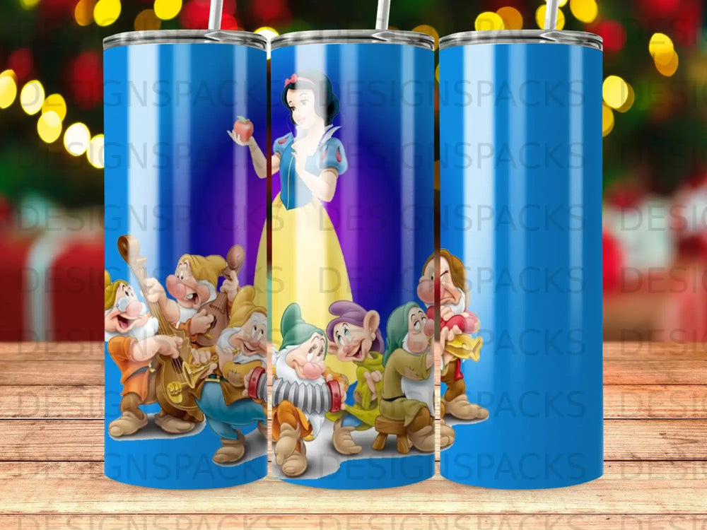 Snow White and the Seven Dwarfs illustration on a blue tumbler.