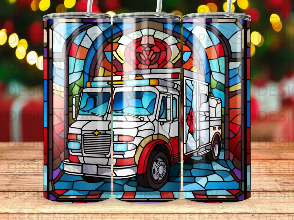 Stained glass ambulance design with red and blue accents.