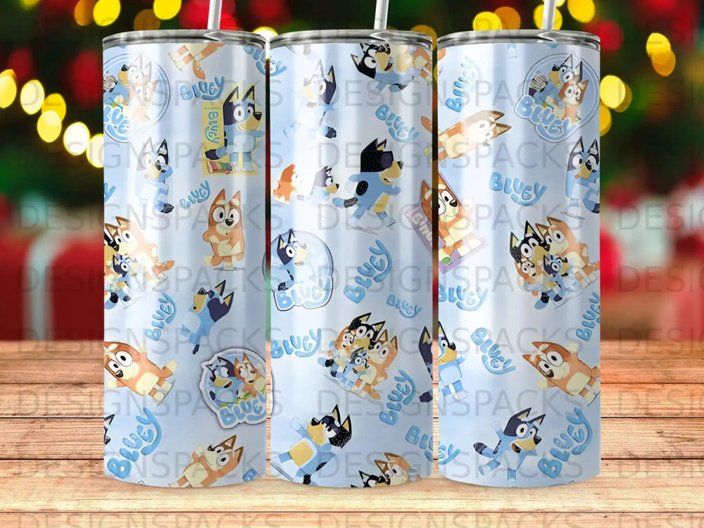 Bluey characters on a blue, patterned tumbler.