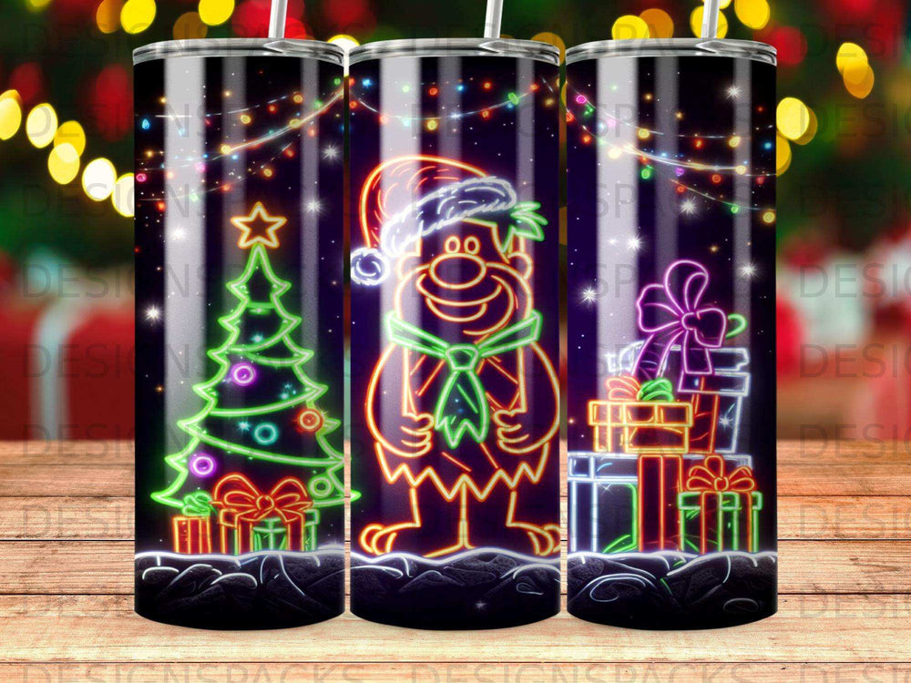 Neon Christmas tree, Santa, and gifts with glowing outlines on a dark background.
