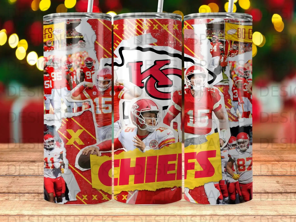 Kansas City Chiefs collage with player images and text on a tumbler.