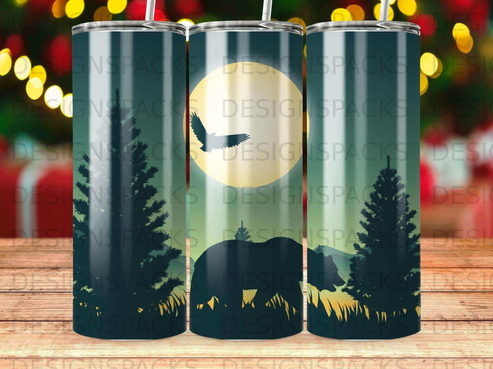 Three tumblers featuring a dark forest silhouette against a moonlit sky with birds.