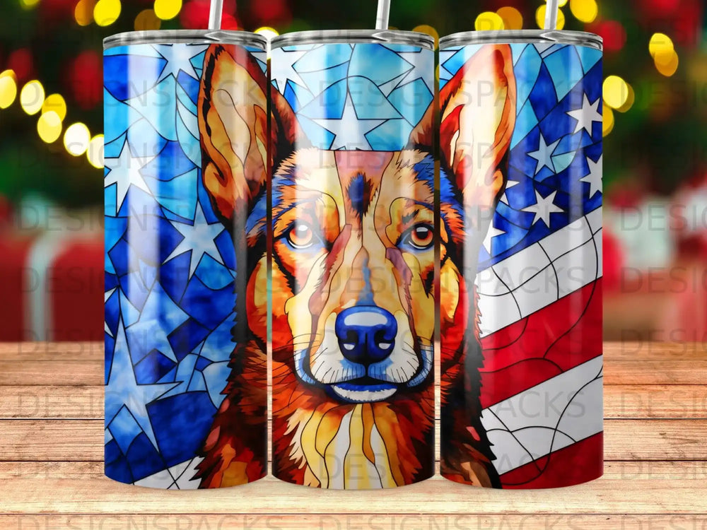 Dog face with American flag background on a stainless steel tumbler.