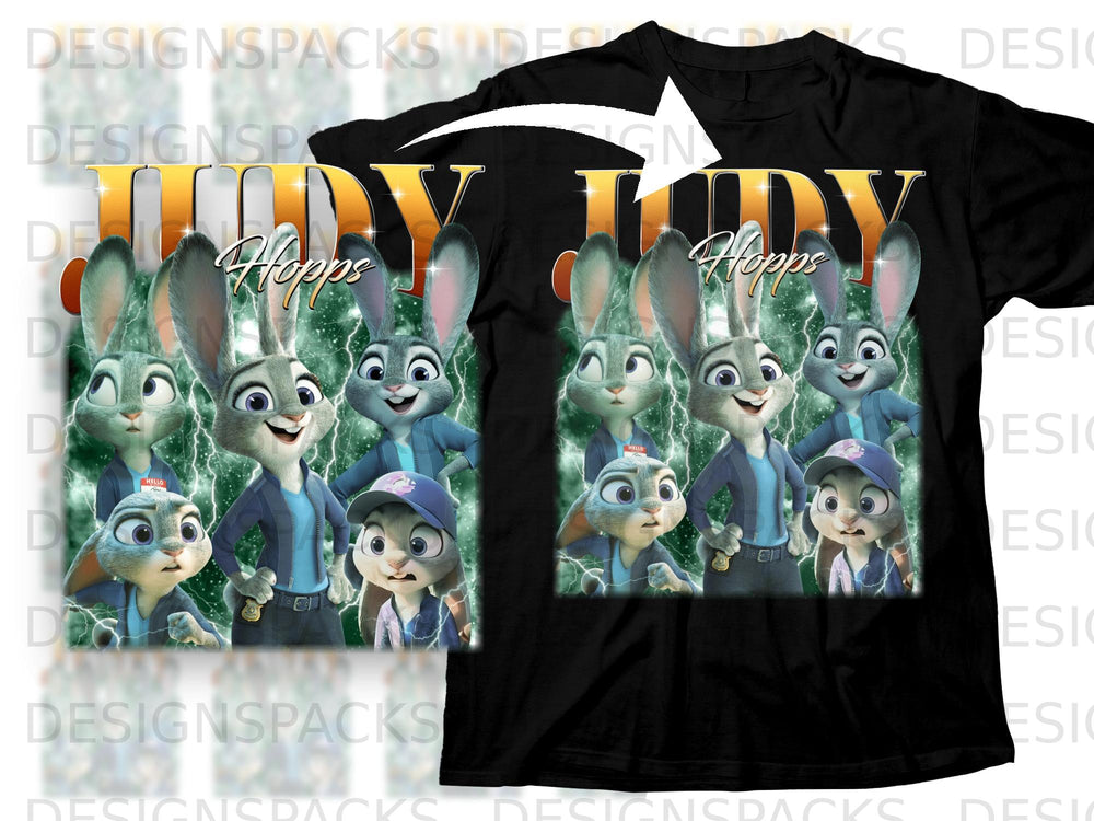 Judy Hopps characters from Zootopia on a black t-shirt design.