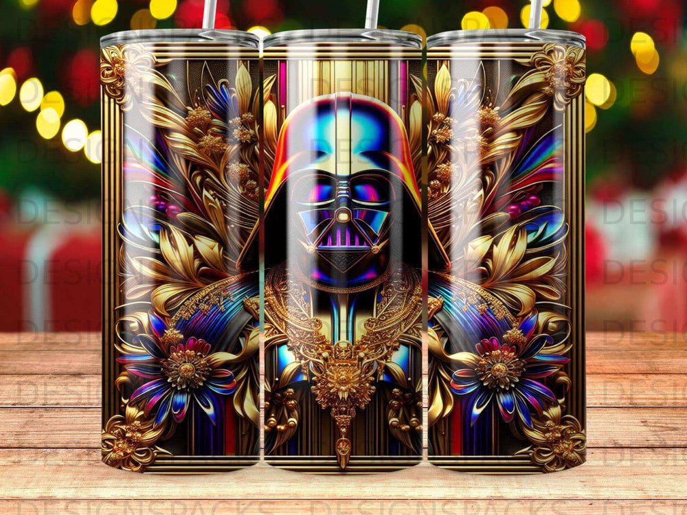 Darth Vader with ornate gold floral accents and rainbow striped background.