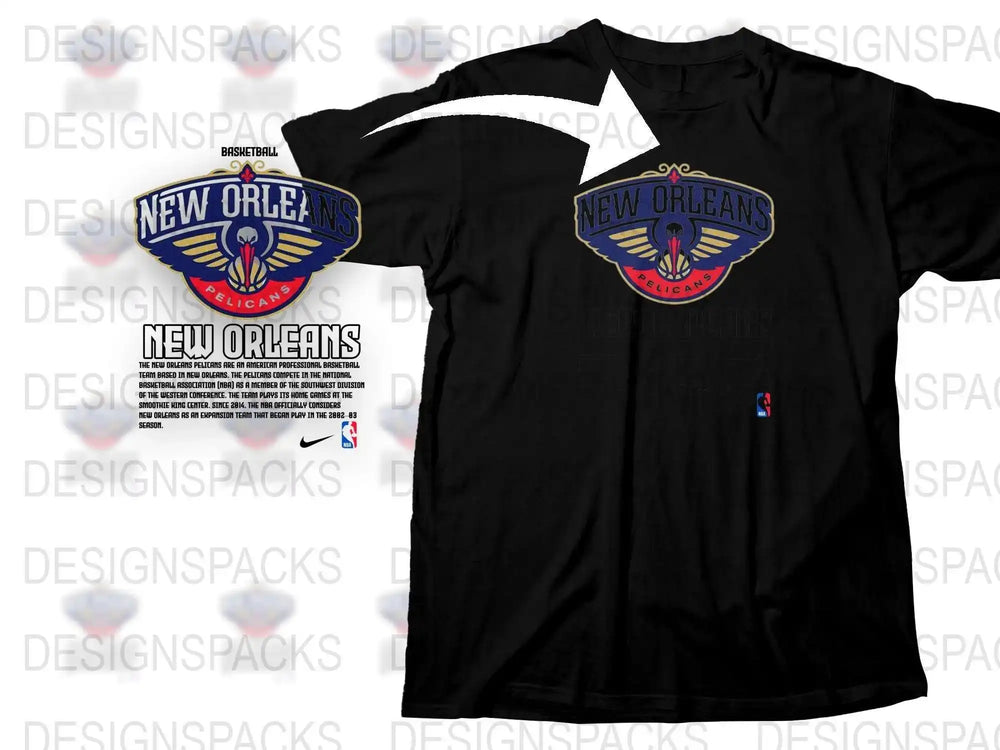 New Orleans Pelicans Basketball T-Shirt, NBA Team Logo Graphic Tee, Black Cotton Shirt