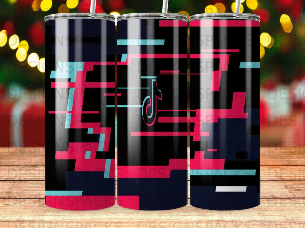 Black tumbler with repeating TikTok logo and glitchy pink and teal stripes.