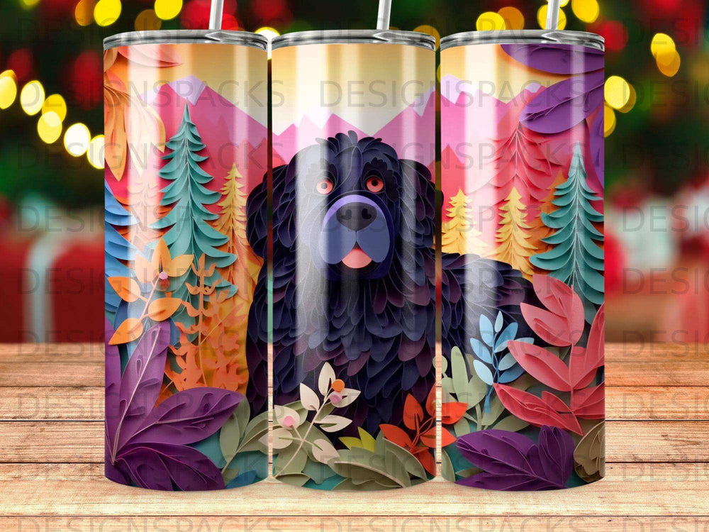 Black Newfoundland dog portrait on colorful floral and tree patterned tumbler.