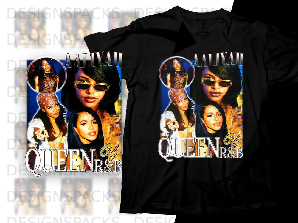 Black t-shirt featuring Aaliyah with "Queen of R&B" text.
