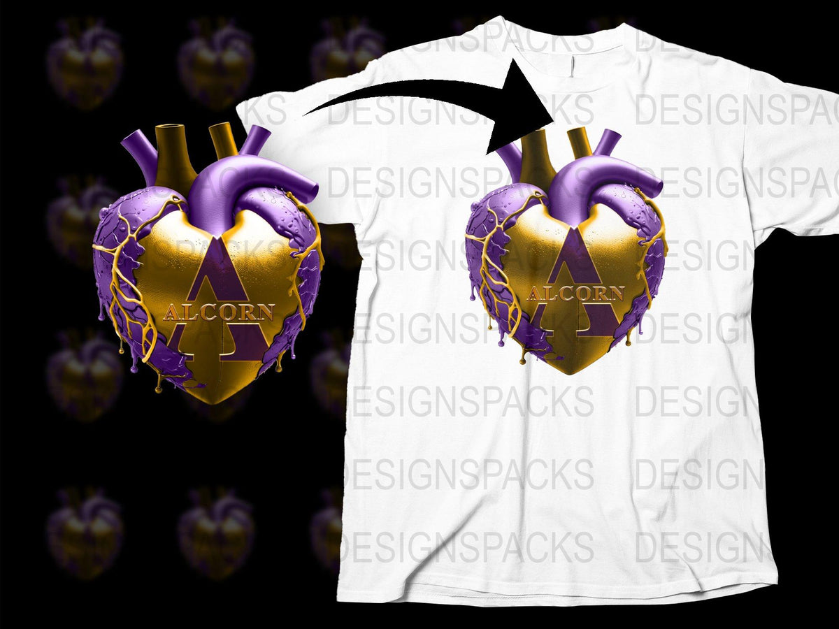 Alcorn State University Heart Logo T-Shirt, Purple and Gold Graphics, Unisex College Apparel