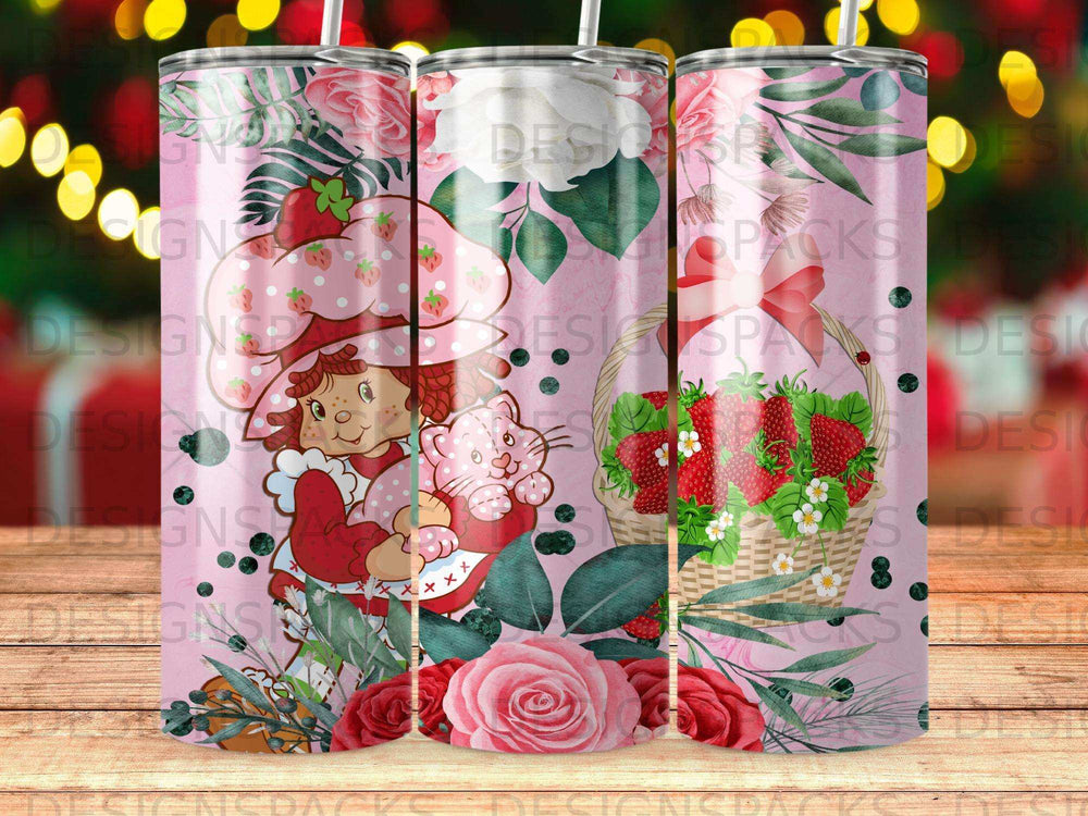 Strawberry Shortcake character with strawberries and flowers on a pink background.