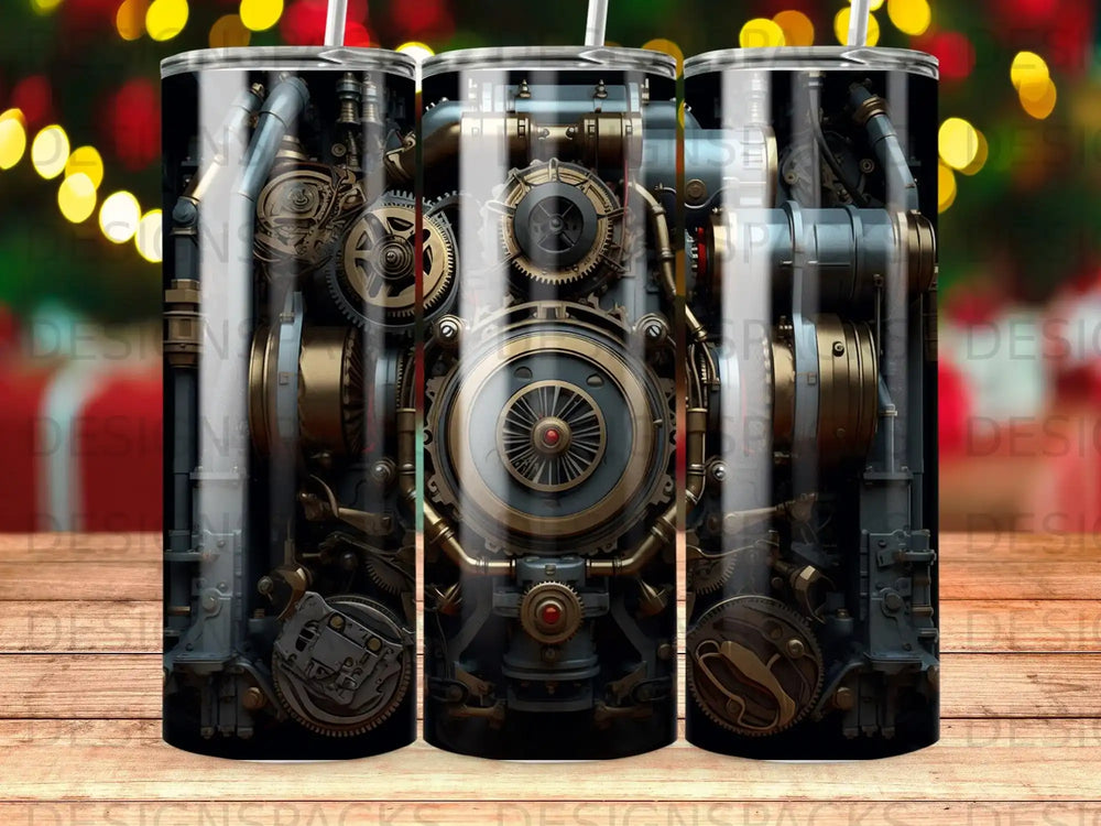 Steampunk gears, pipes, and machinery on a black background with bokeh lights.