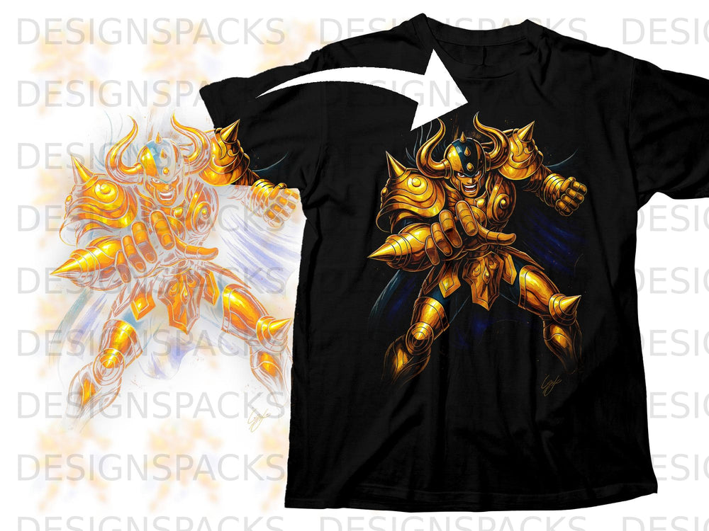 Black t-shirt with a golden armored warrior graphic design.