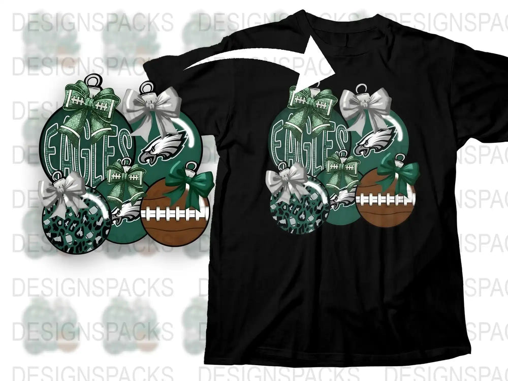 Festive Christmas T-Shirt with Colorful Ornaments and Football Design, Holiday Apparel for Sports Fans