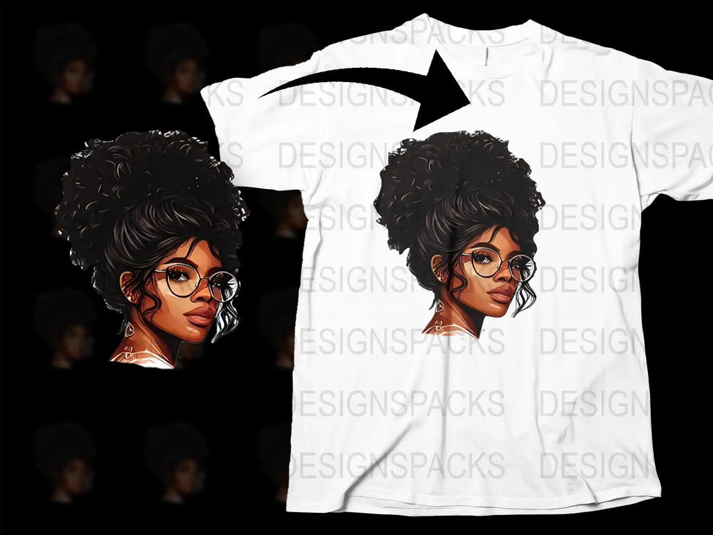 African American Woman Art T-Shirt, Stylish Glasses and Earrings, Graphic Tee for Women