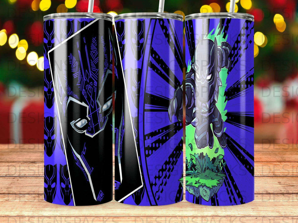 Black Panther tumbler design with purple and green accents.