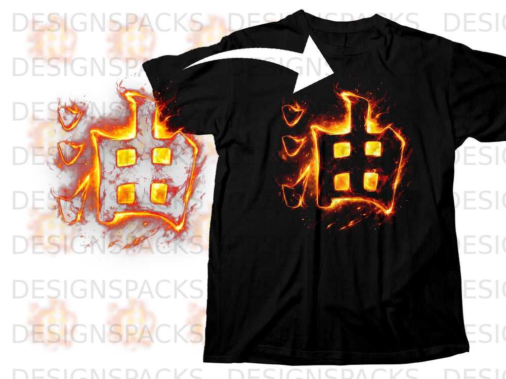 Black t-shirt with a flaming Japanese symbol for "oil" on the chest.