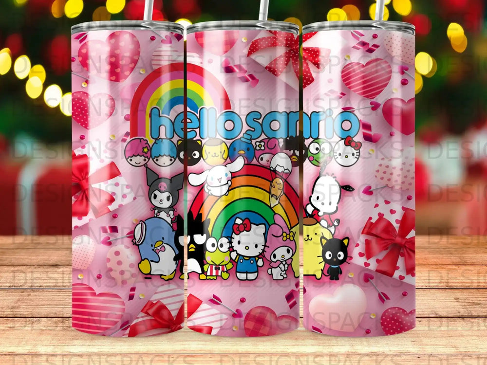Hello Sanrio characters and rainbow on a pink tumbler with hearts and bows.
