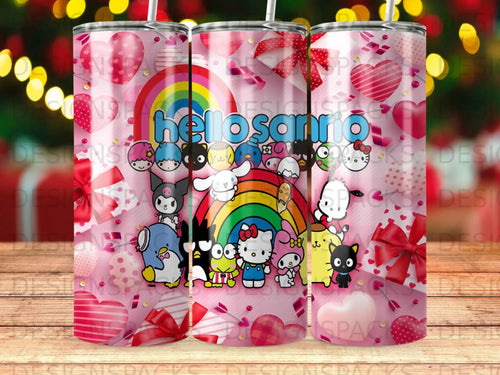 Hello Sanrio characters and rainbow on a pink tumbler with hearts and bows.