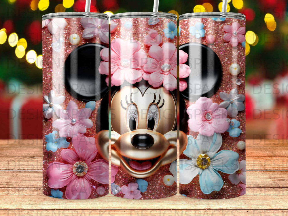 Minnie Mouse face with floral decorations on a sparkly tumbler.