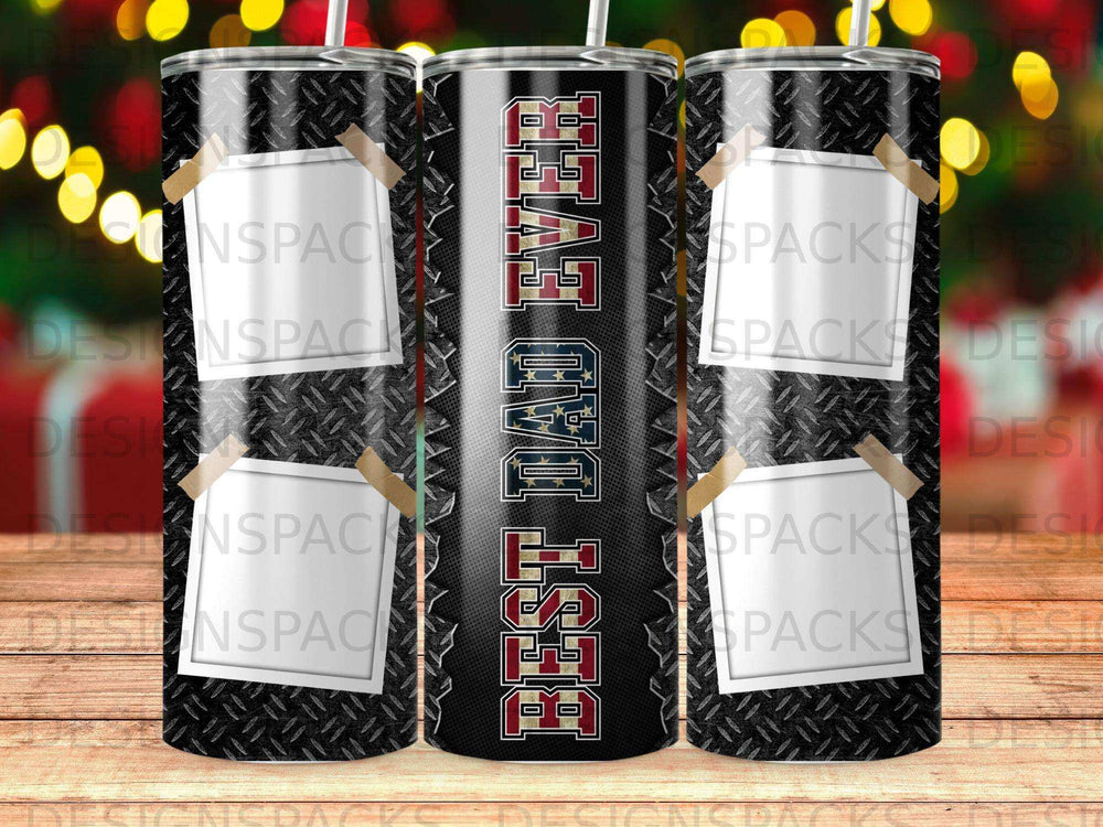 Black tumbler with "Best Dad Ever" text and American flag motif.