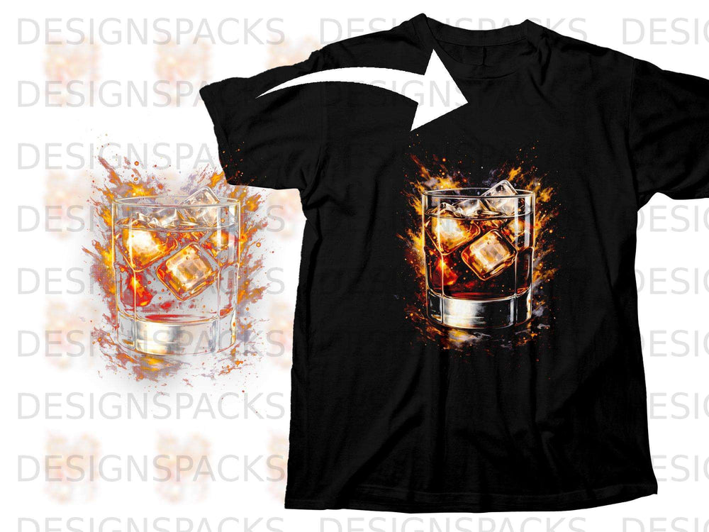 Black t-shirt with graphic of whiskey glass with ice and fiery splash.