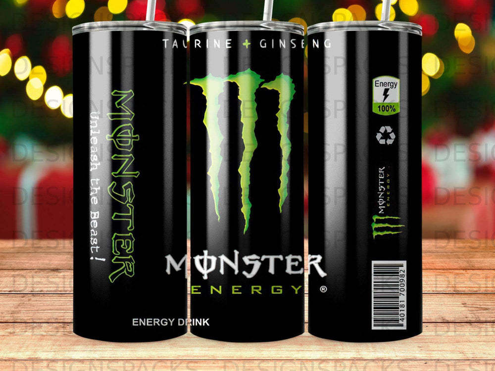 Monster Energy drink tumbler with green claw logo and "Unleash the Beast!"