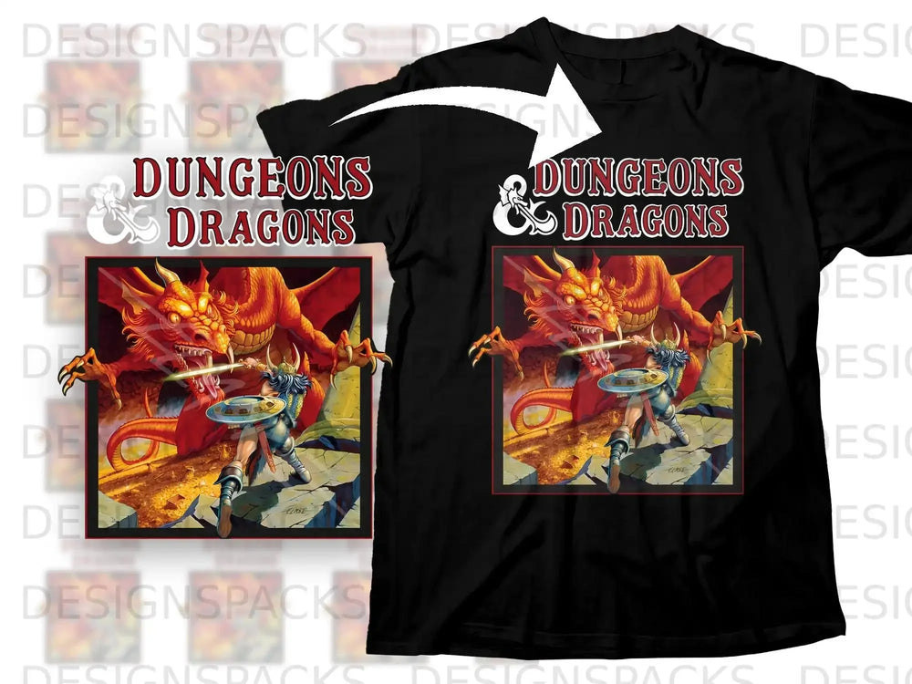 Black t-shirt featuring Dungeons & Dragons logo and dragon fighter illustration.