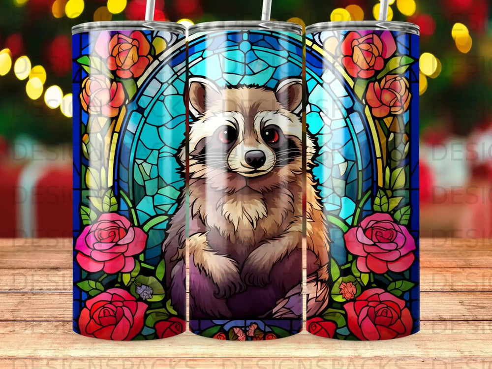 Raccoon with stained glass and roses design on a tumbler.