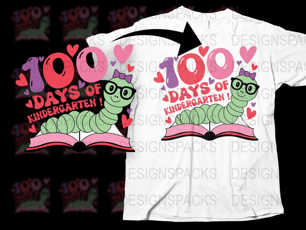 100 Days of Kindergarten T-Shirt, Cute Bookworm Tee, Pink Green Kids School Celebration Shirt