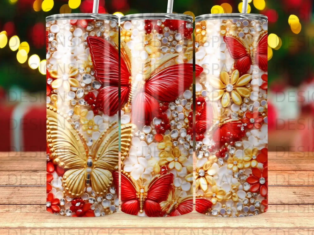 Gold and red butterflies and floral sequins on a sparkly background.