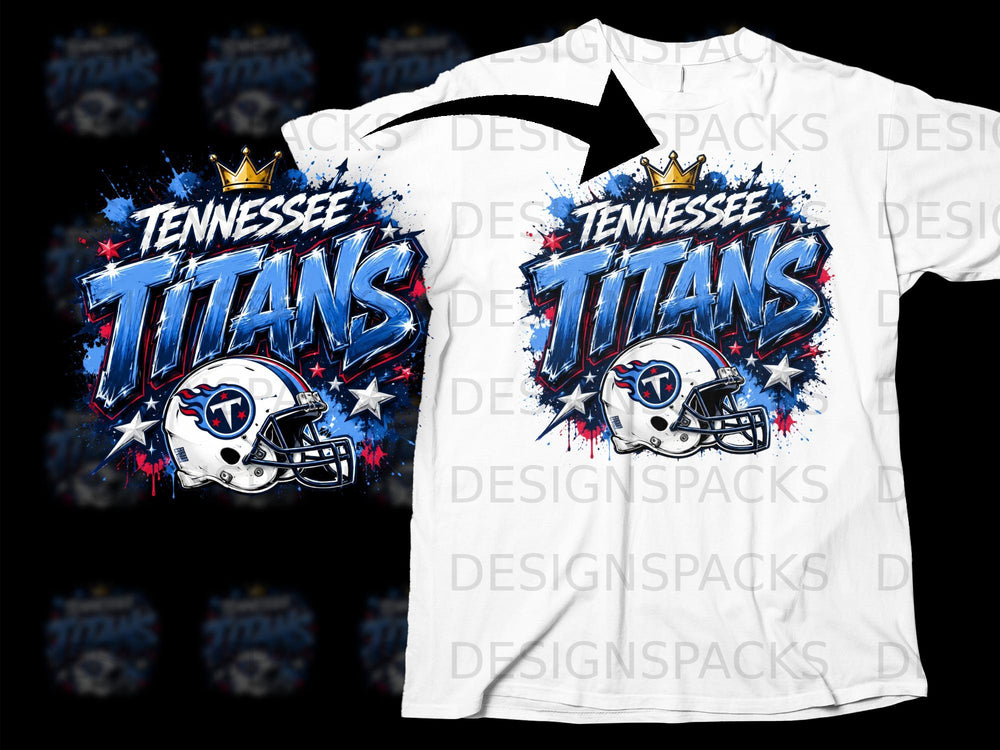 Tennessee Titans graphic with football helmet and crown on a white t-shirt.
