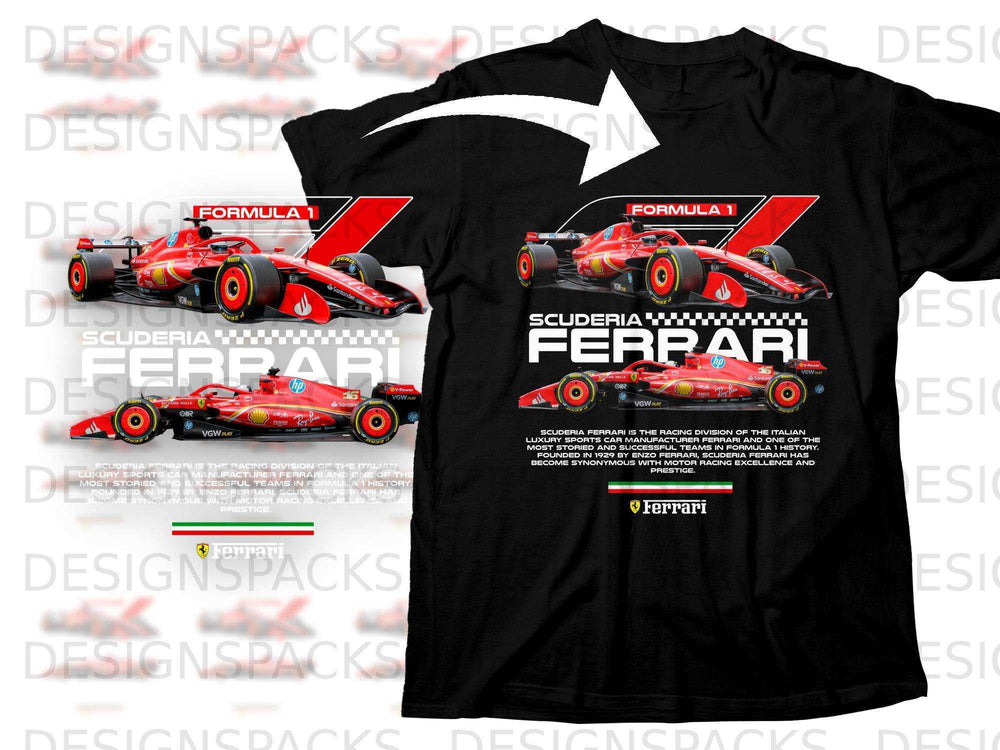 Ferrari Formula 1 car with team logos and descriptive text.