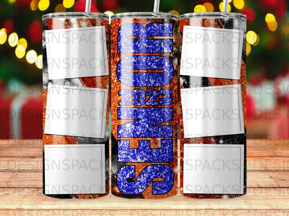 "SENIOR 2023" text on a glittery tumbler with holiday lights background.