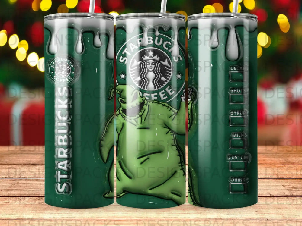 Starbucks tumbler with a green Oogie Boogie character design.